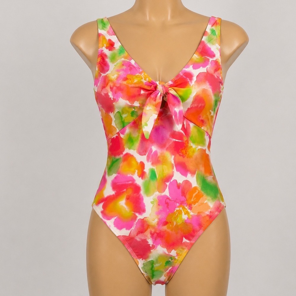 Shade & Shore Watercolor Floral Tie Front One Piece Swimsuit High Leg Cheeky M